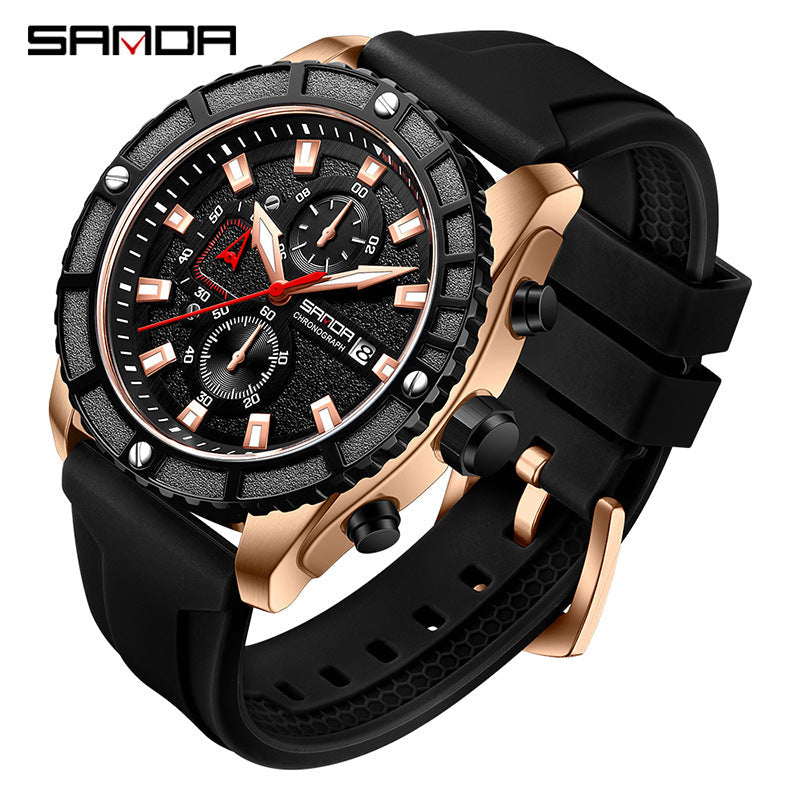 SANDA Luminous Men’s Quartz Watch – Waterproof Silicone Strap Chronograph with Calendar