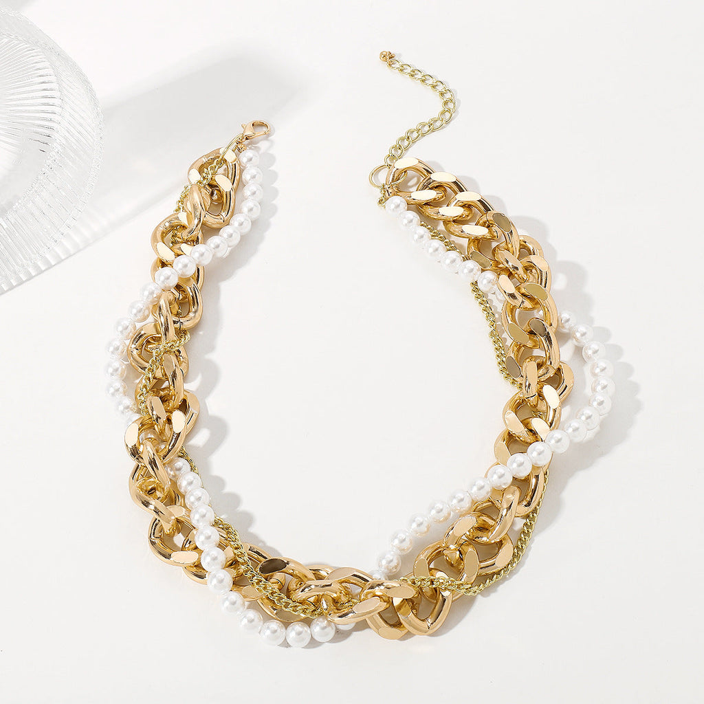Vintage Pearl Layered Necklace for Women – Elegant Gold Metal Chain Jewelry