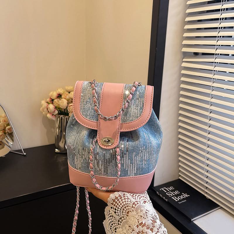 Women's Small Sequin Chain Bucket Backpack – Casual & Stylish