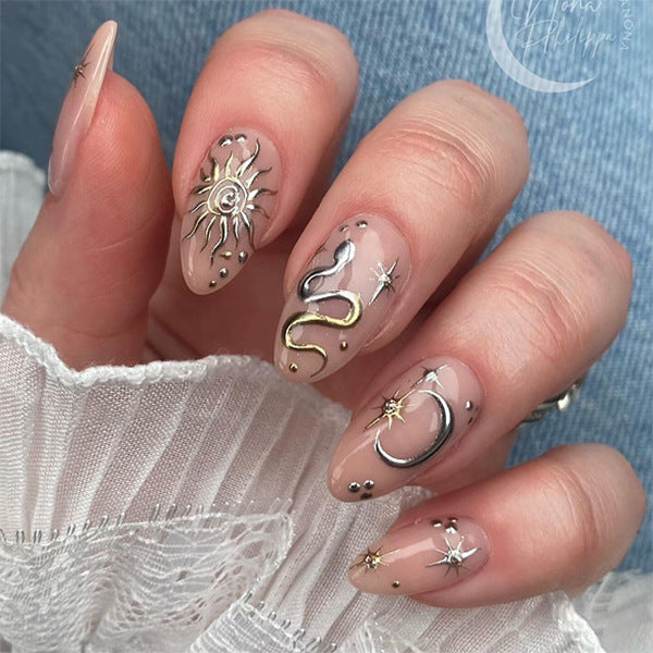 Mystical Almond Press-On Nails – Nude with 3D Metallic Sun, Moon & Star Accents