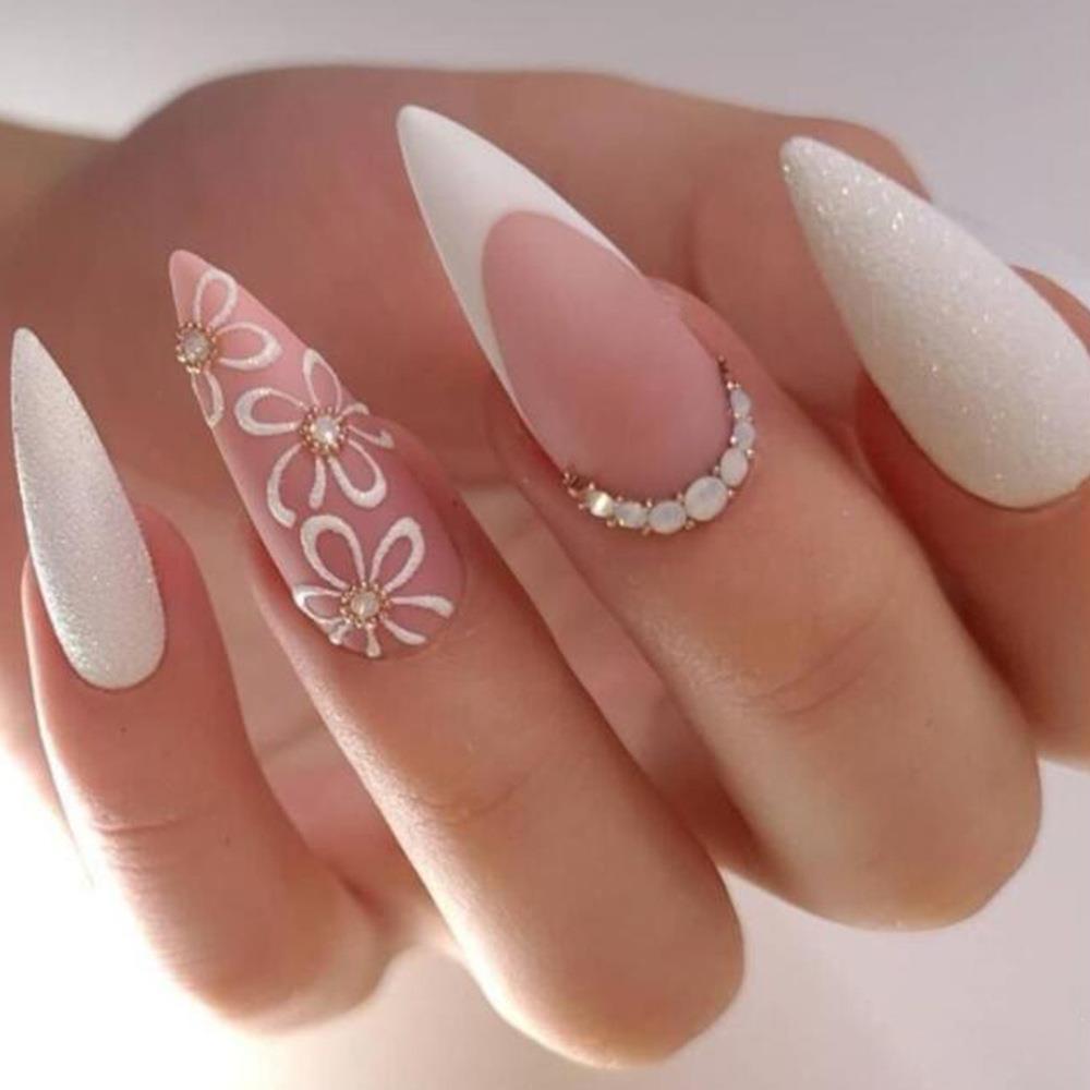 Floral Rhinestone Stiletto Press-On Nails – Long Pink & White Almond Nails