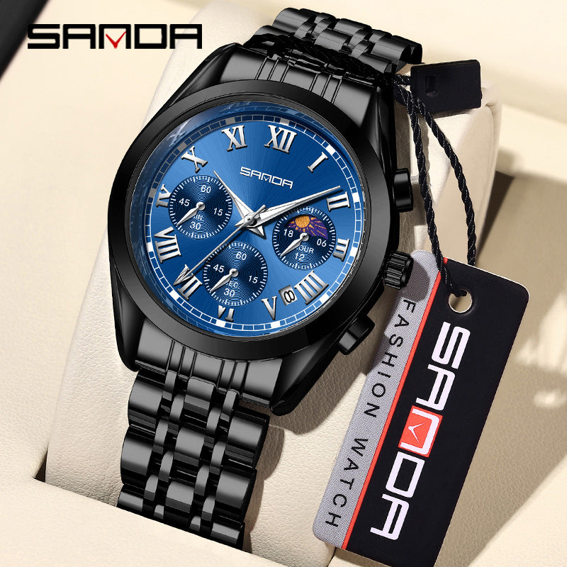 SANDA Men’s Six-Pin Quartz Watch – Stainless Steel Business Wristwatch with Calendar