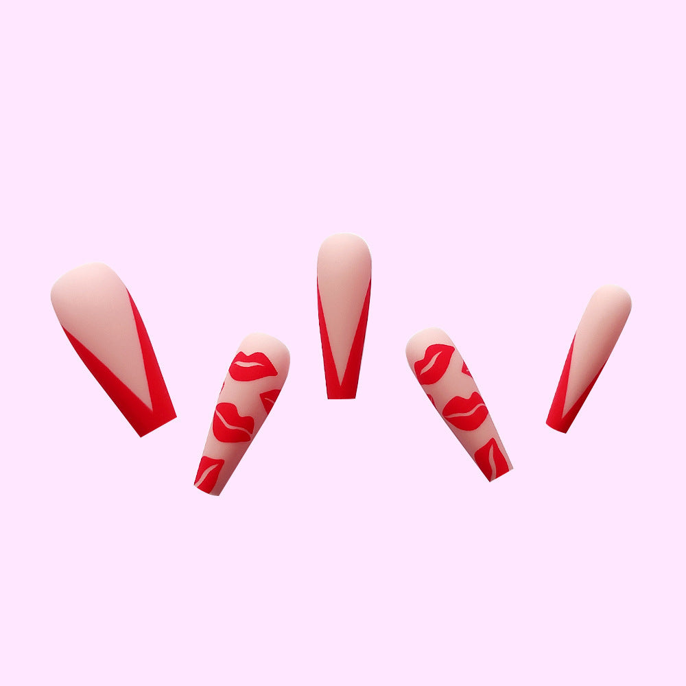 Valentine’s Lips Press-On Nails – Long Matte Finish Stiletto Nude & Red Acrylic Tips