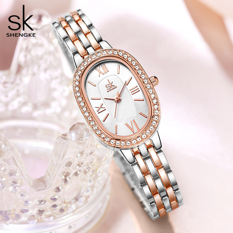 SK Women’s Quartz Watch – Zircon Oval Dial, Waterproof Fashion Alloy Wristwatch