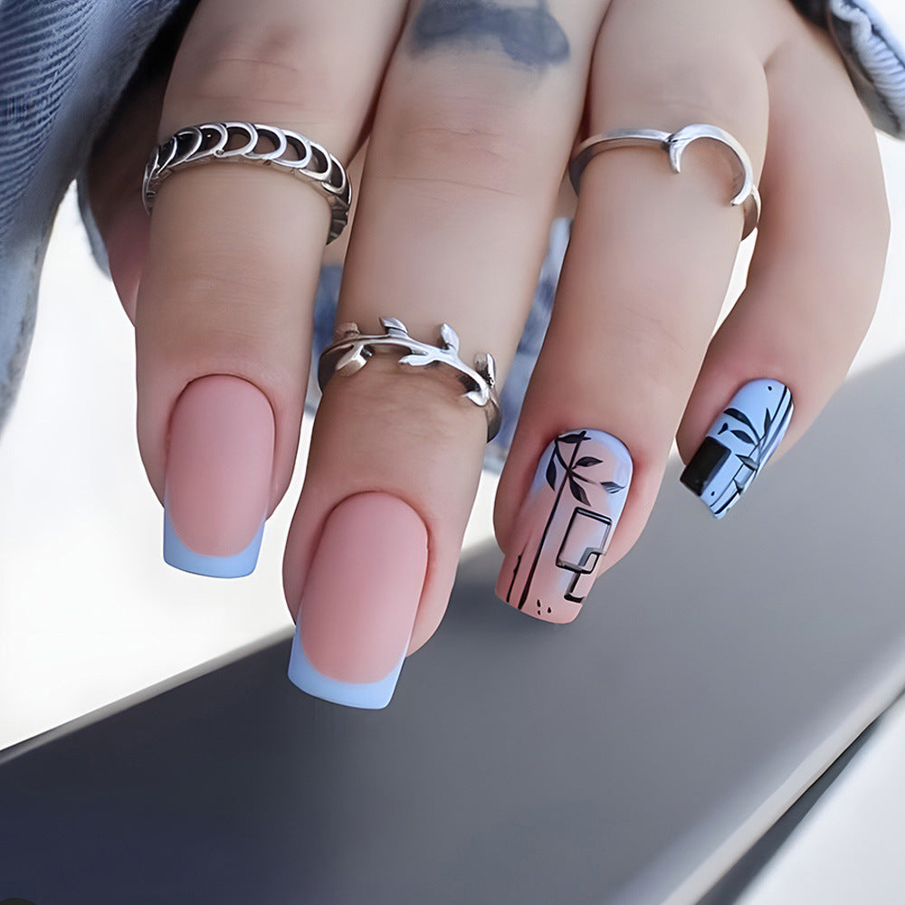 Chic French Press-On Nails – Frosted Medium Square Acrylic in Pink & Blue