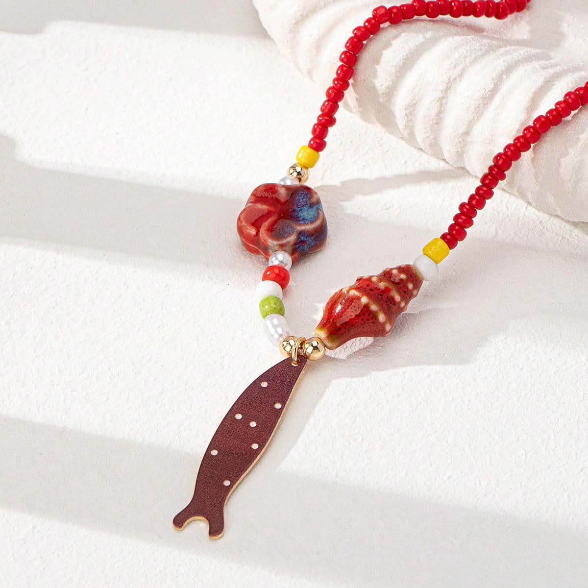 Beach Beaded Necklace for Women – Ocean Charm Coral Conch Pendant Jewelry