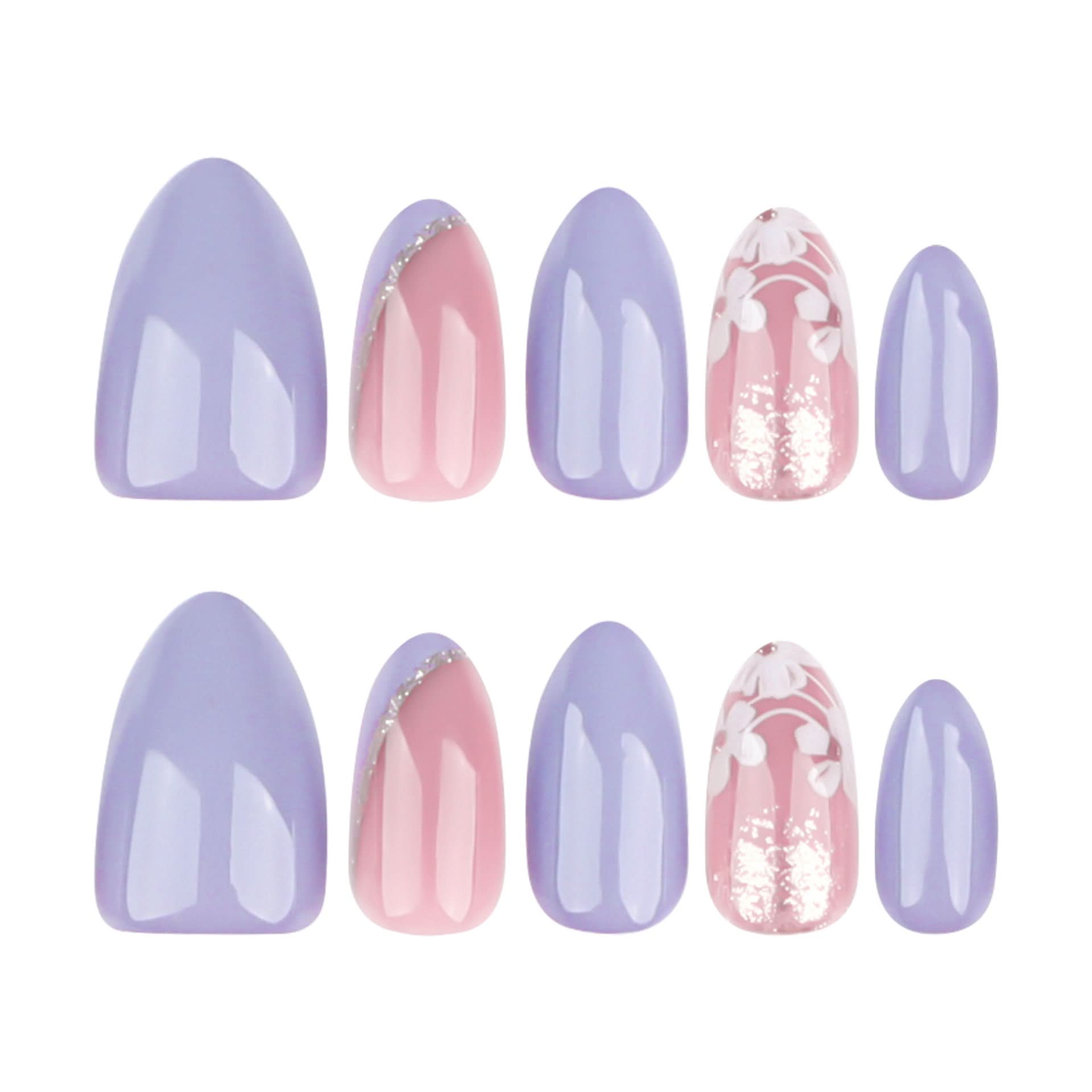 French Purple Press-On Nails – Beveled Tip Fake Nails with White Floral Design