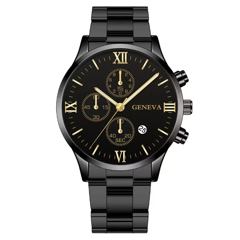 Men's Roman Dial Steel Strap Watch with Calendar – Fashion Three-Eye Design