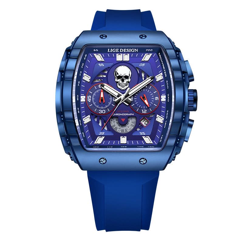 Men’s Skull Dial Quartz Watch – Luminous Barrel-Style Timepiece