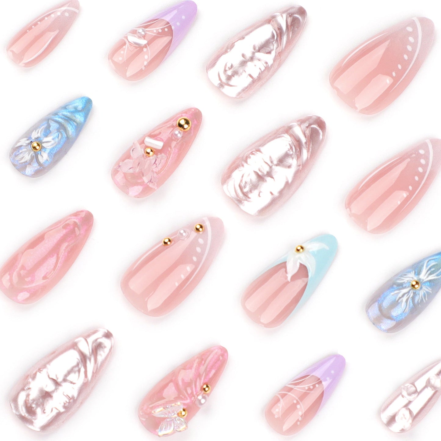 Elegant 3D Floral Stiletto Press-On Nails with Pearls – Long Acrylic Glue-On Nail Art