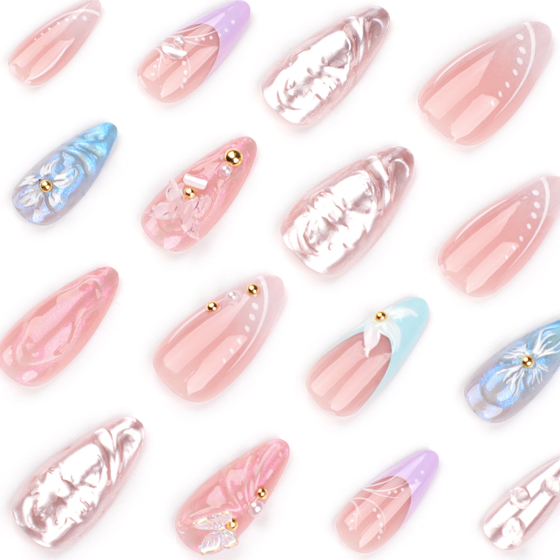 Elegant 3D Floral Stiletto Press-On Nails with Pearls – Long Acrylic Glue-On Nail Art