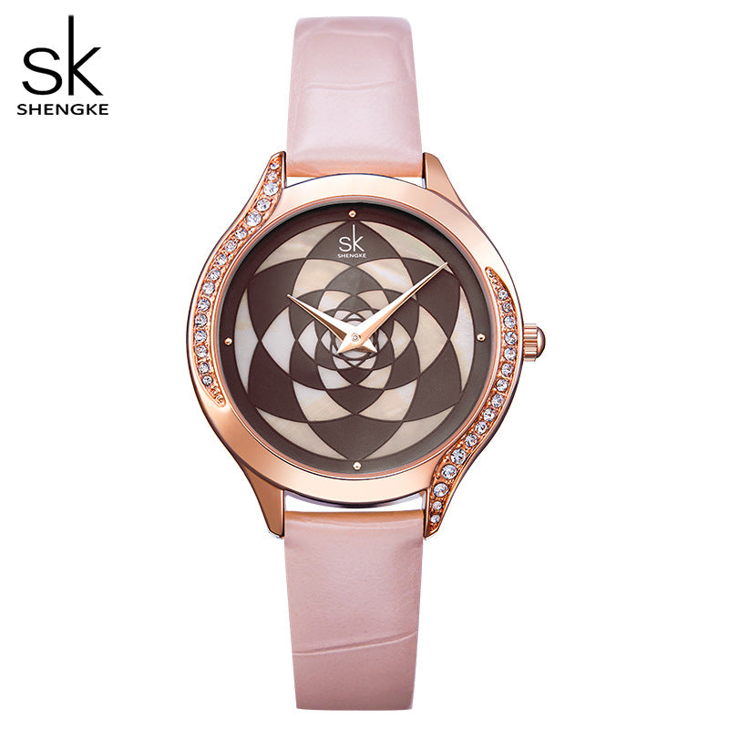SK Women’s Diamond Quartz Watch – Luxury Leather Strap, 30M Waterproof, Fashion Design