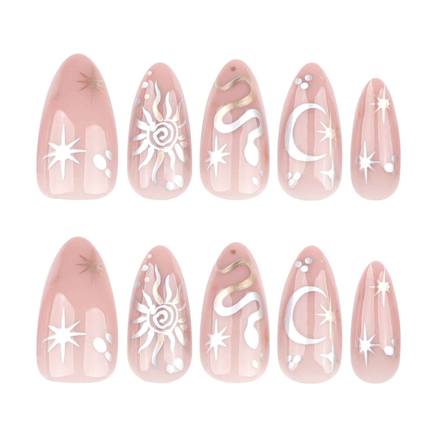 Mystical Almond Press-On Nails – Nude with 3D Metallic Sun, Moon & Star Accents