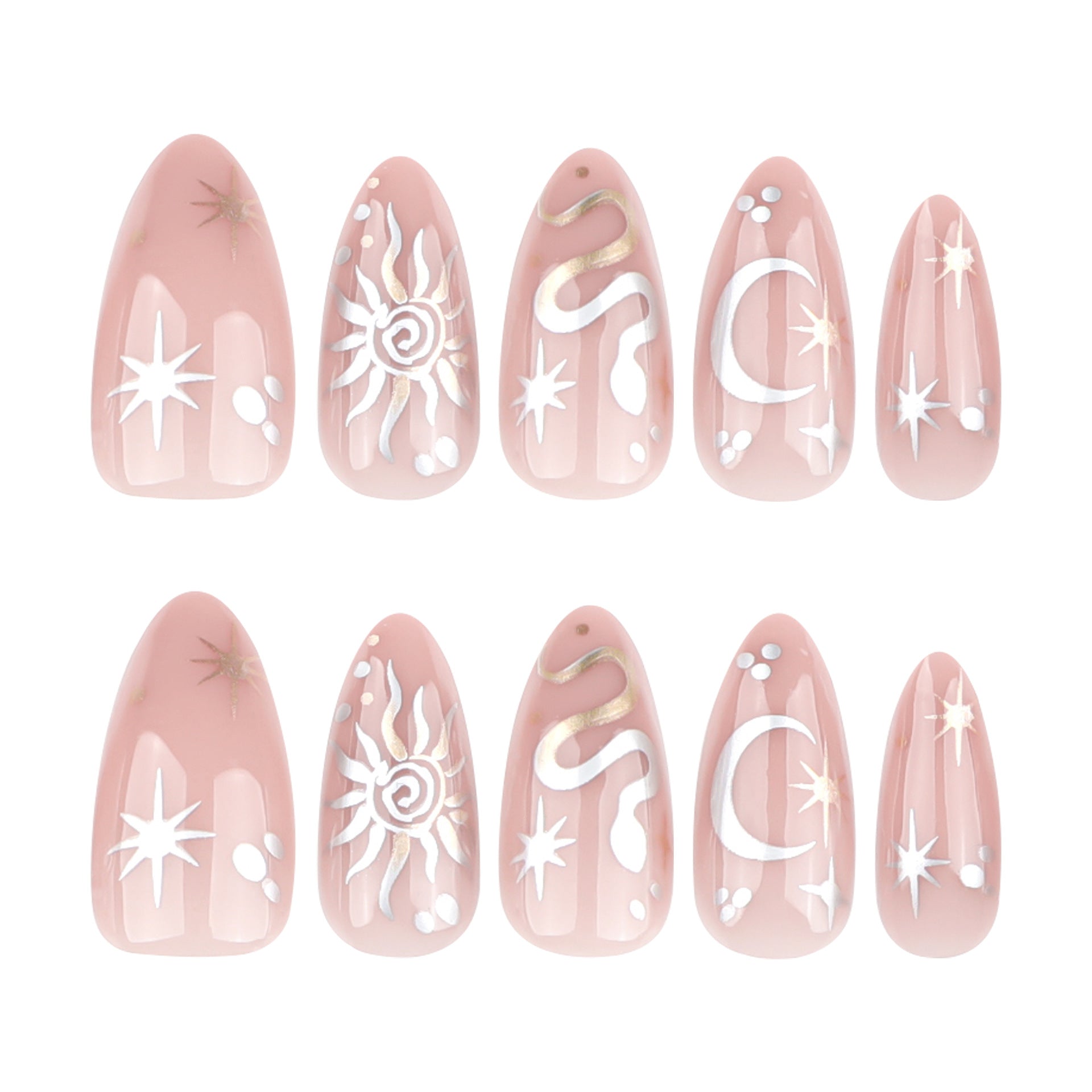 Mystical Almond Press-On Nails – Nude with 3D Metallic Sun, Moon & Star Accents