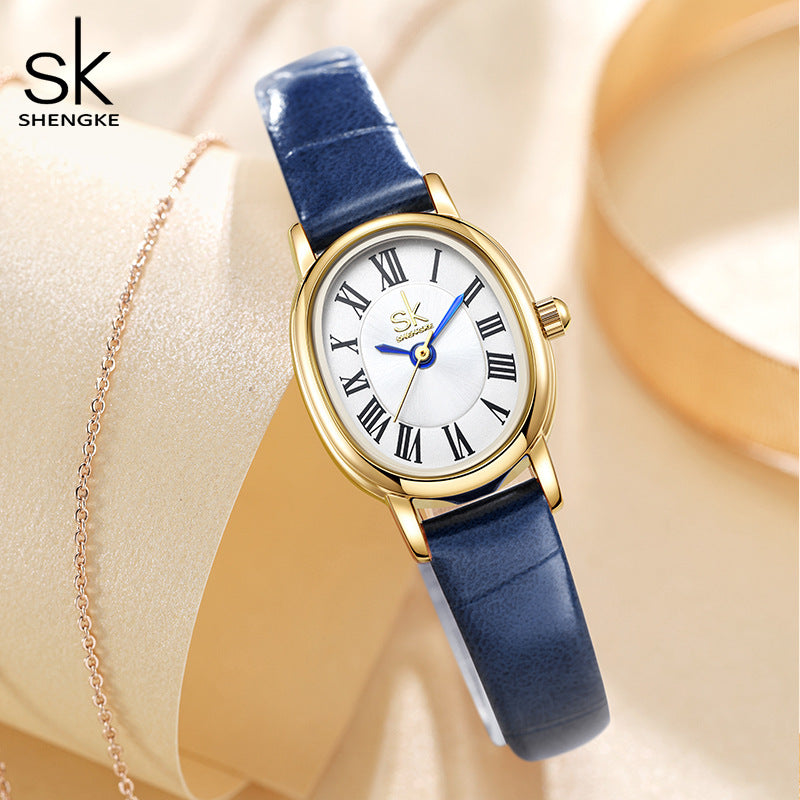 SK Women’s Retro Oval Quartz Watch – Leather Strap, 30M Waterproof Fashion Wristwatch