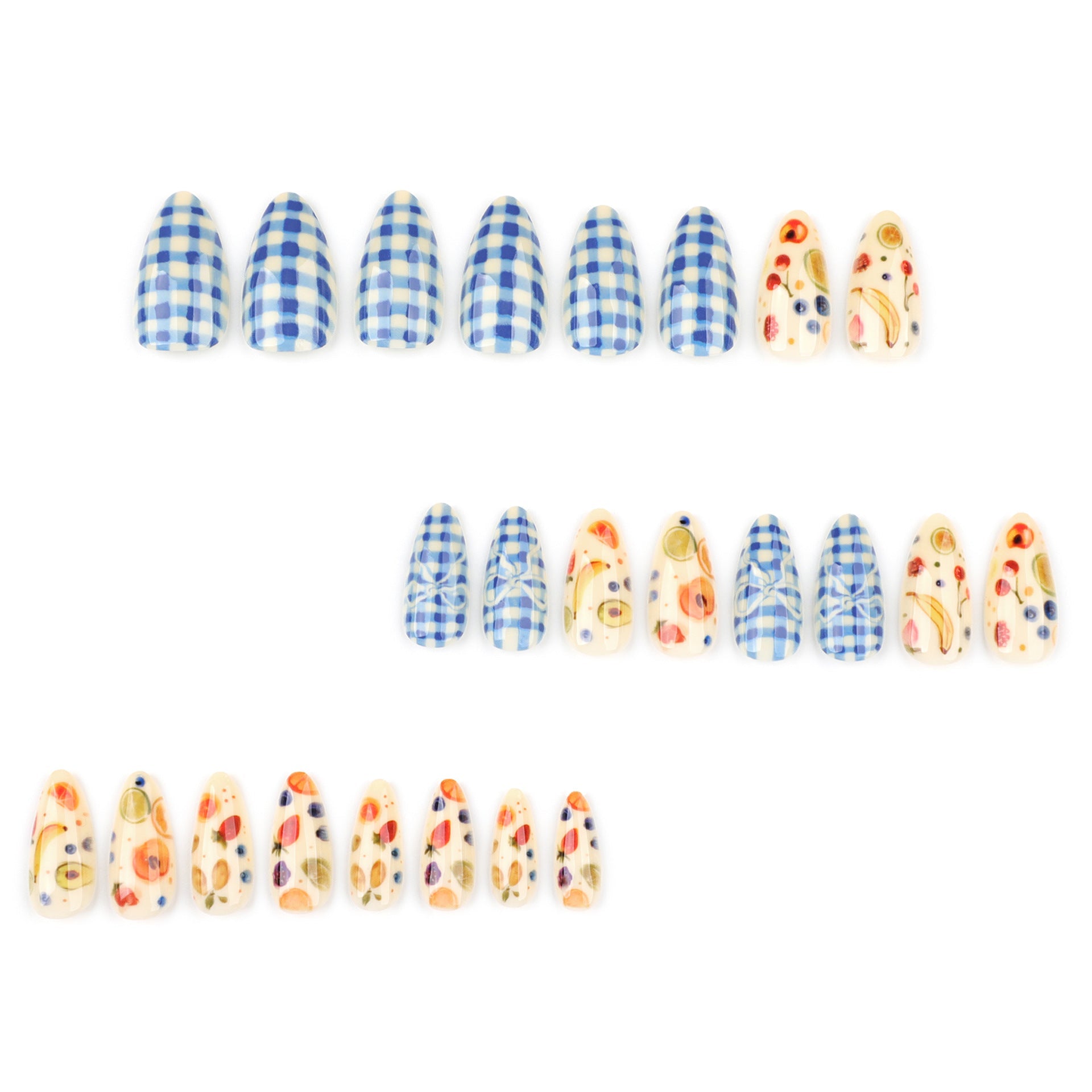 Blue Checkered Fruit Press-On Nails – Medium Coffin Glossy Summer Nail Art Set
