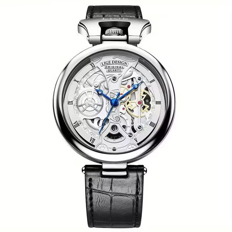 Men’s Hollow Dial Quartz Watch – Trendy Waterproof Leather Strap Timepiece