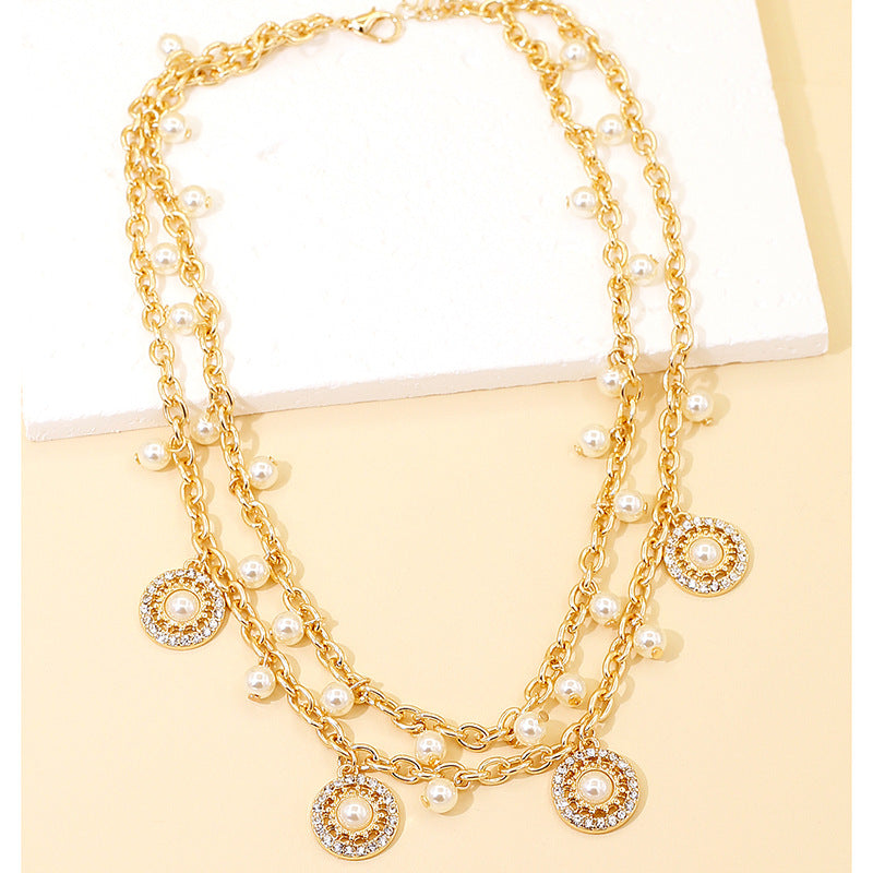 Double Pearl Tassel Necklace – Elegant Gold-Plated Pendant Chain for Women