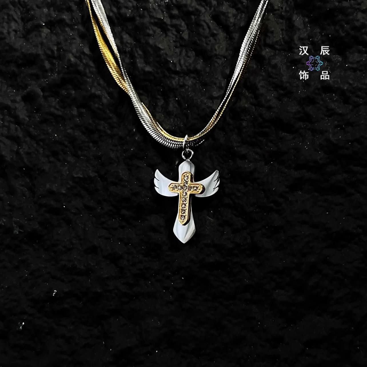 Men’s Two-Tone Cross Pendant Necklace – Snake Bone Chain
