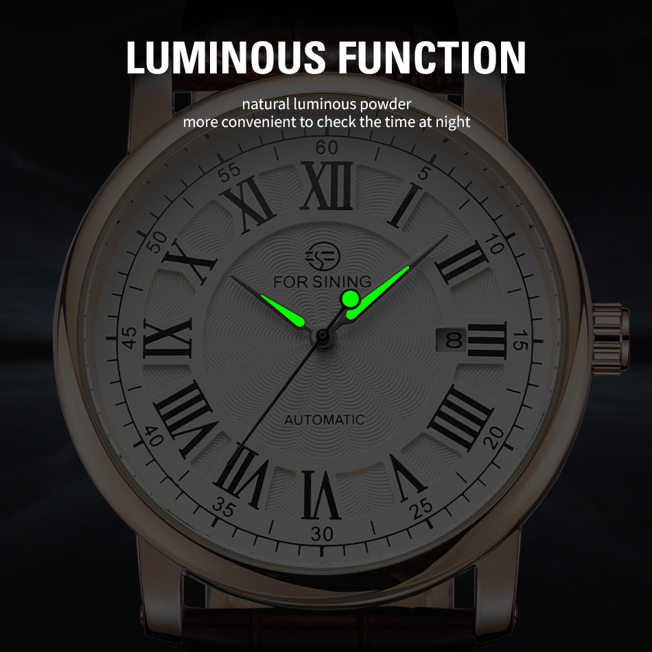 Men’s Automatic Mechanical Watch – 44mm Calendar Dial, Waterproof Leather Strap