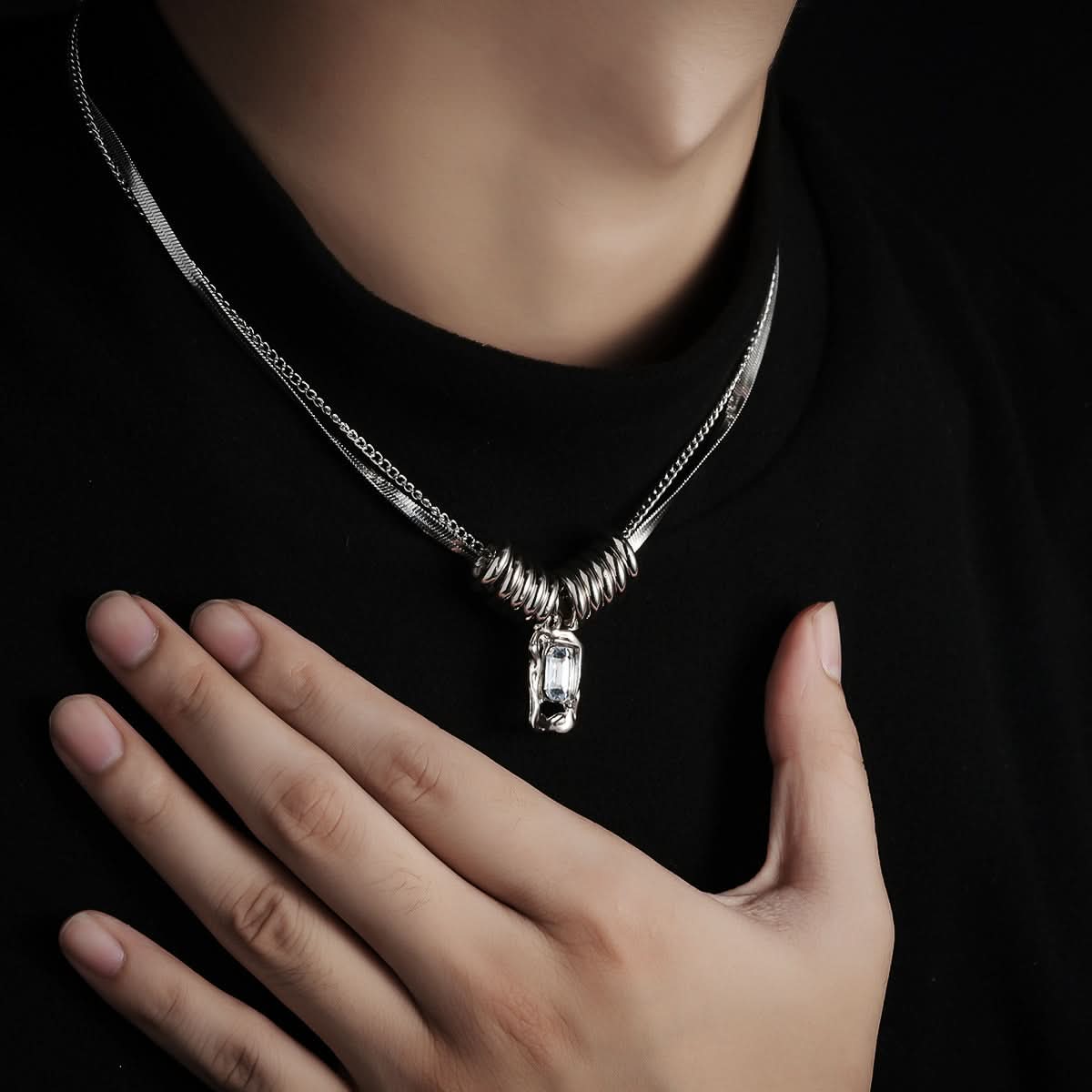 Men’s Double-Layer Ring Pendant Necklace – Zircon Inlay
