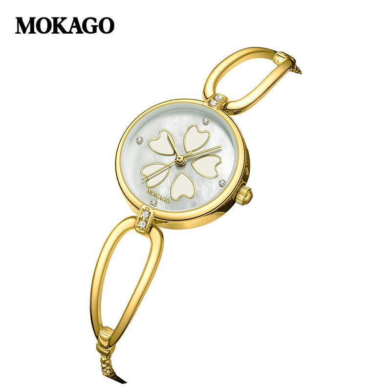MOKAGO Women’s Quartz Watch – Sakura Petal Dial, Diamond Accent, Waterproof Bracelet