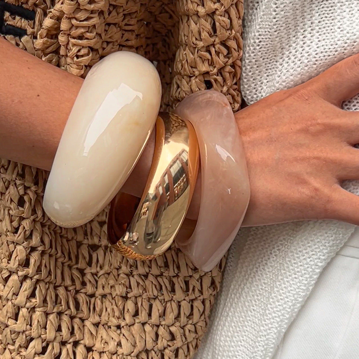 Chunky Gloss Dome Bangle Set – Bold Resin & Gold Slip-On Bracelets for Women (Pack of 3)