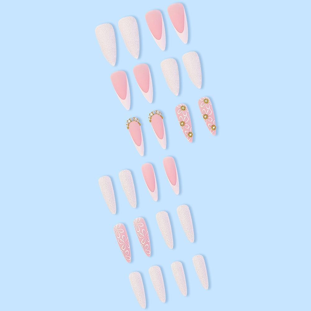 Floral Rhinestone Stiletto Press-On Nails – Long Pink & White Almond Nails