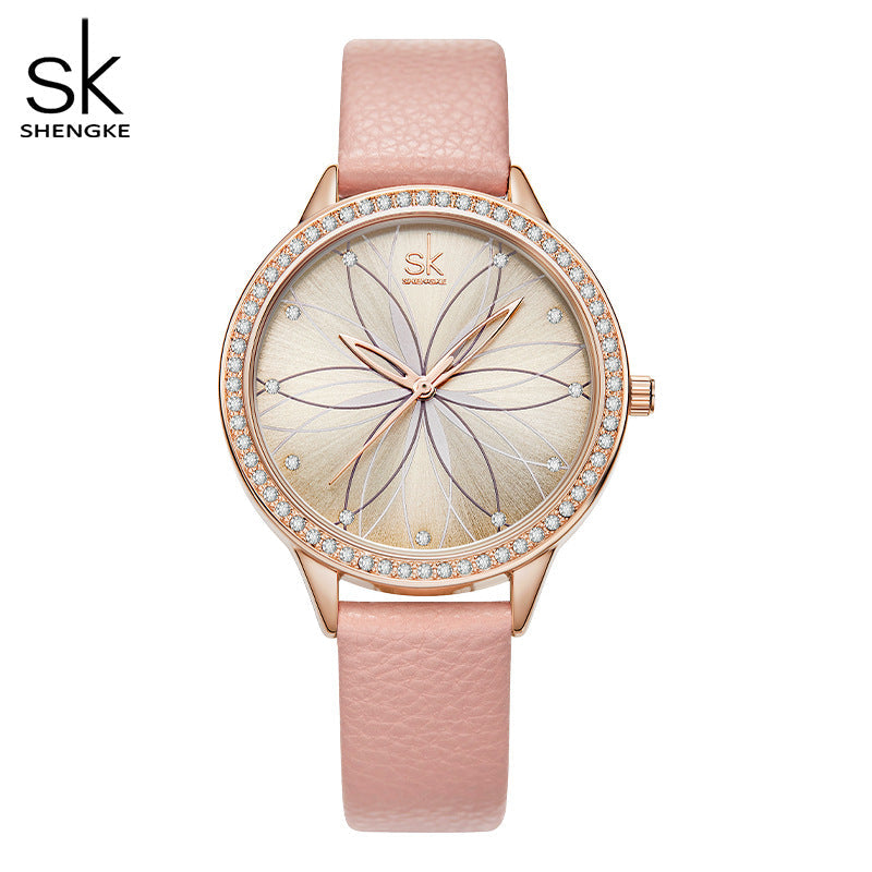 SK Fashion Women’s Quartz Watch – 30M Waterproof PU Strap, Sun Pattern Dial