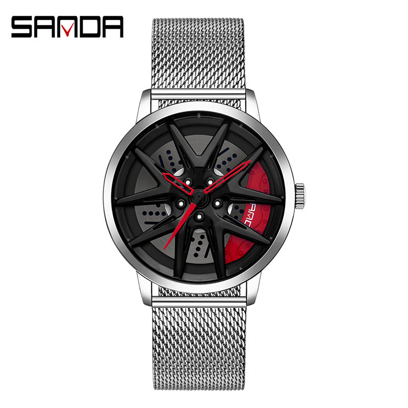 Sanda Men’s Quartz Watch – Wheel Series Dial, Mesh Strap, Waterproof Fashion Timepiece