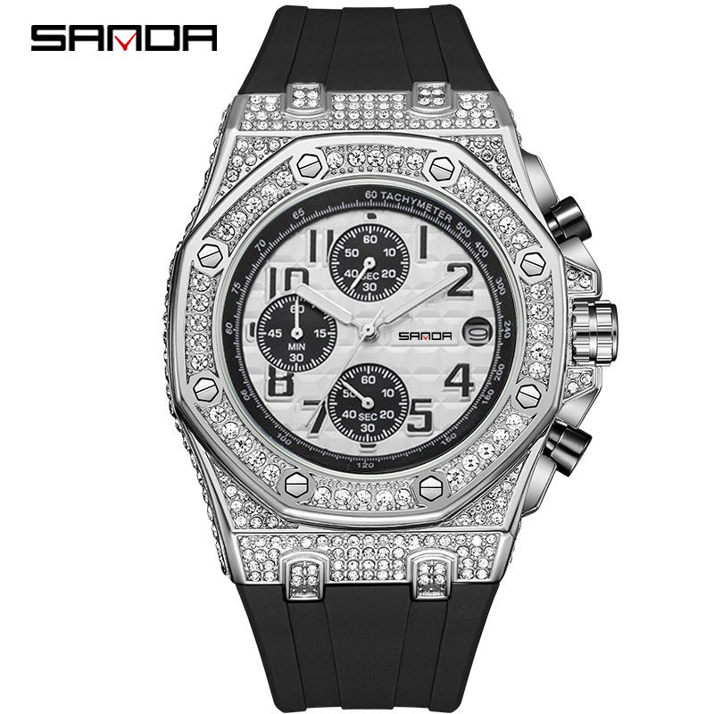 SANDA Men’s Diamond Dial Quartz Watch – Waterproof Silicone Strap Wristwatch