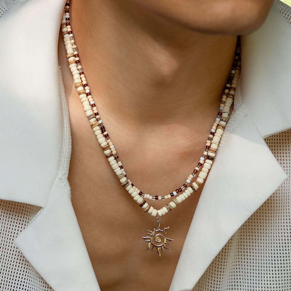 Men’s Sun Pendant Beaded Necklace, Hip-Hop Style
