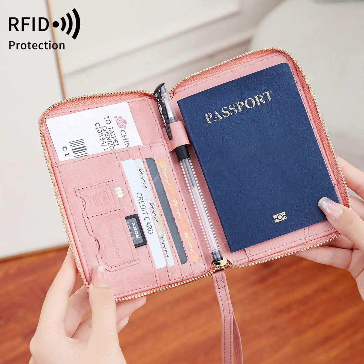 RFID Blocking Travel Passport Holder – Compact Zippered Wallet