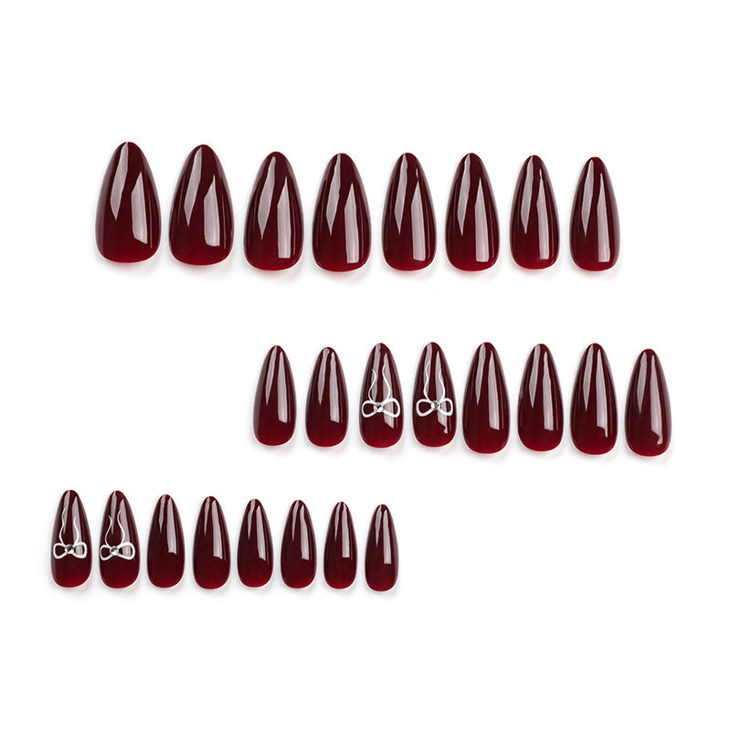 Burgundy Press-On Nails with Bow Detail, Medium Stiletto Acrylic Glue-On Set
