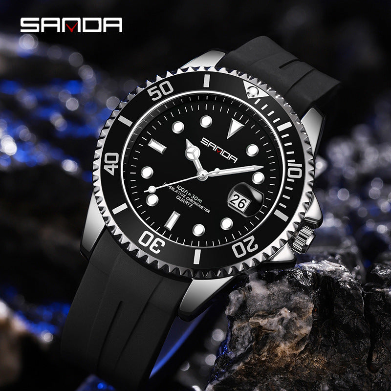Sanda Men’s Quartz Watch with Calendar – Luminous Waterproof Silicone Wristwatch