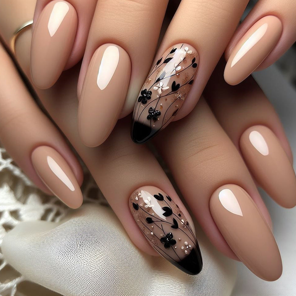 French Tip Press-On Nails with Floral Accents, Almond Medium Acrylic Glue-On Nails