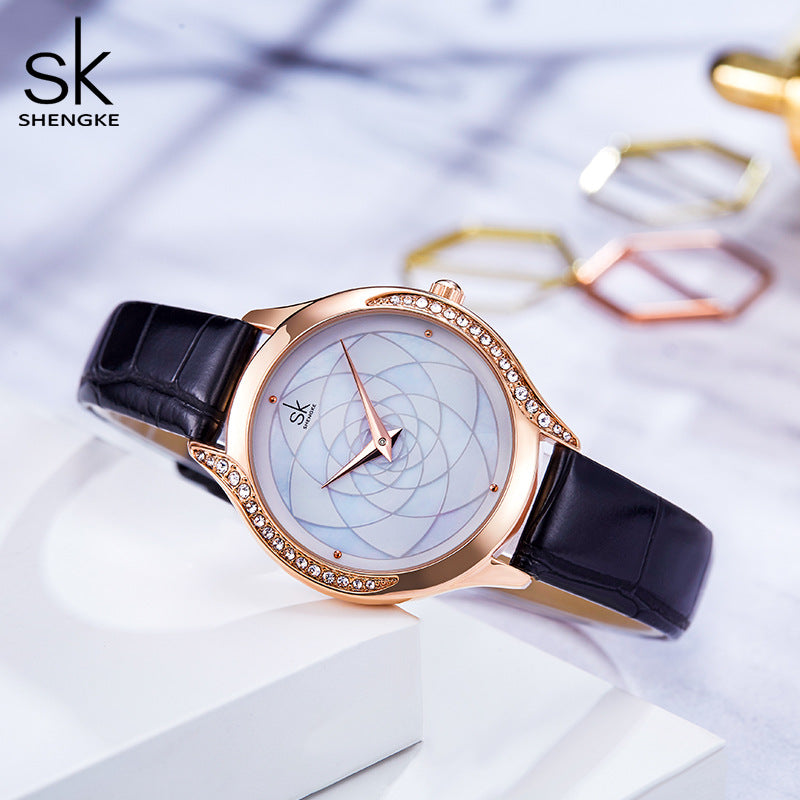 SK Women’s Diamond Quartz Watch – Luxury Leather Strap, 30M Waterproof, Fashion Design