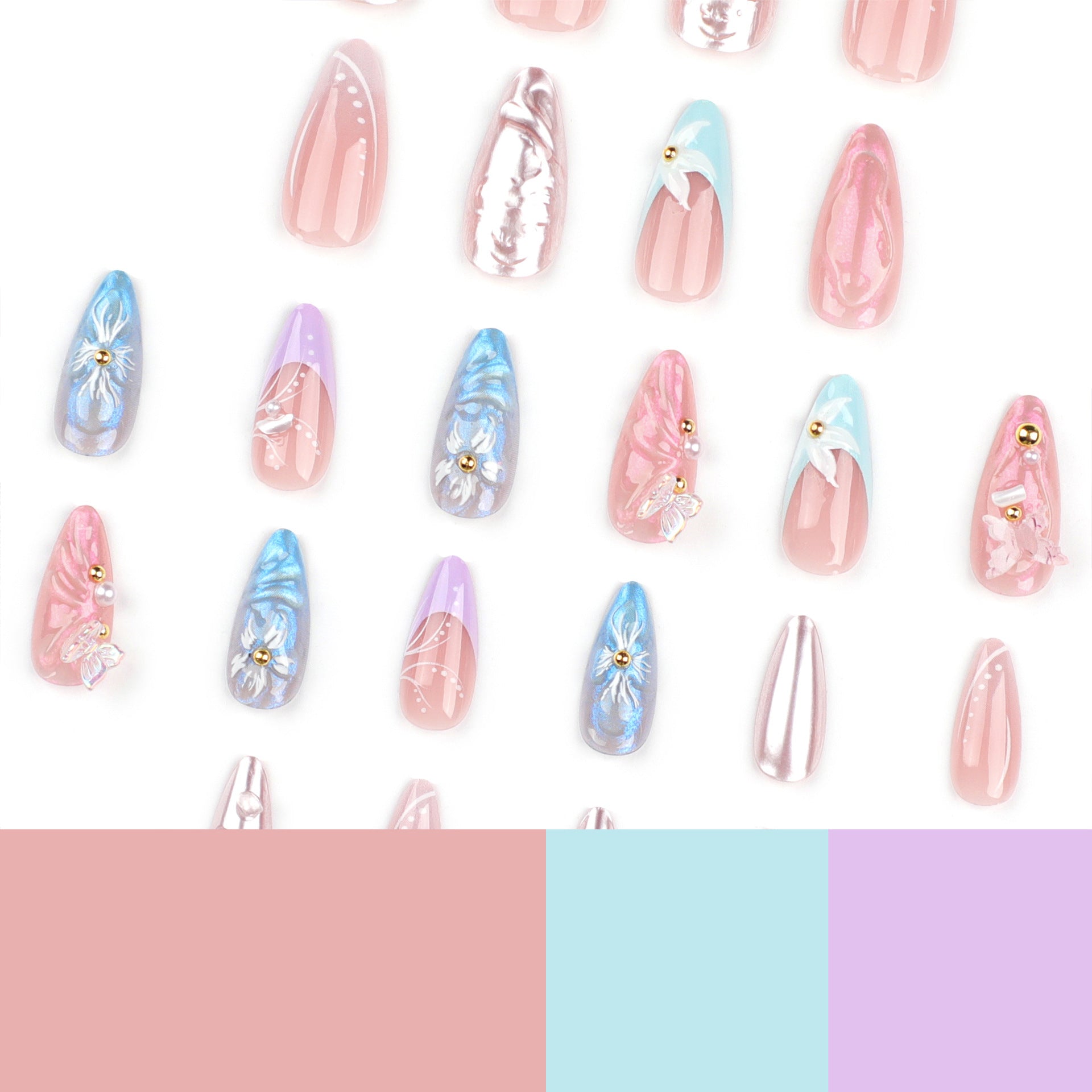 Elegant 3D Floral Stiletto Press-On Nails with Pearls – Long Acrylic Glue-On Nail Art