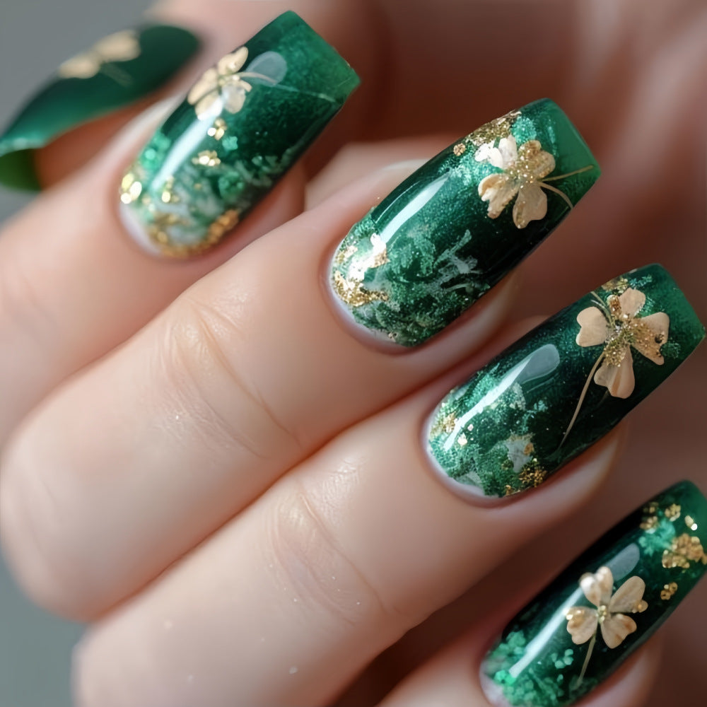 Elegant Floral Glitter Square Press-On Nails – Long Green & Gold Acrylic False Nails