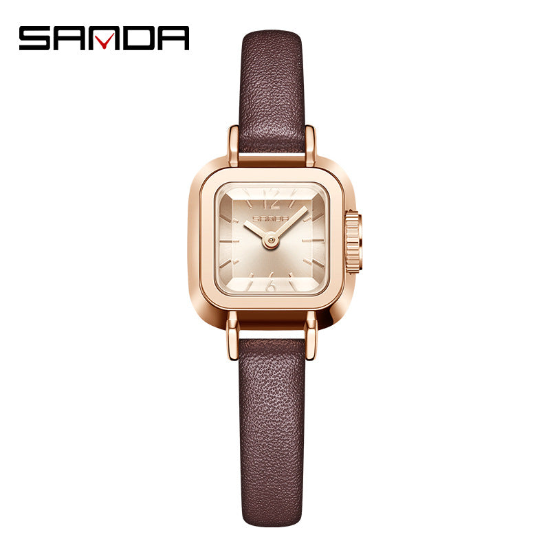 Sanda Women’s Square Quartz Watch – Leather Strap, Roman Dial, Waterproof Casual Watch