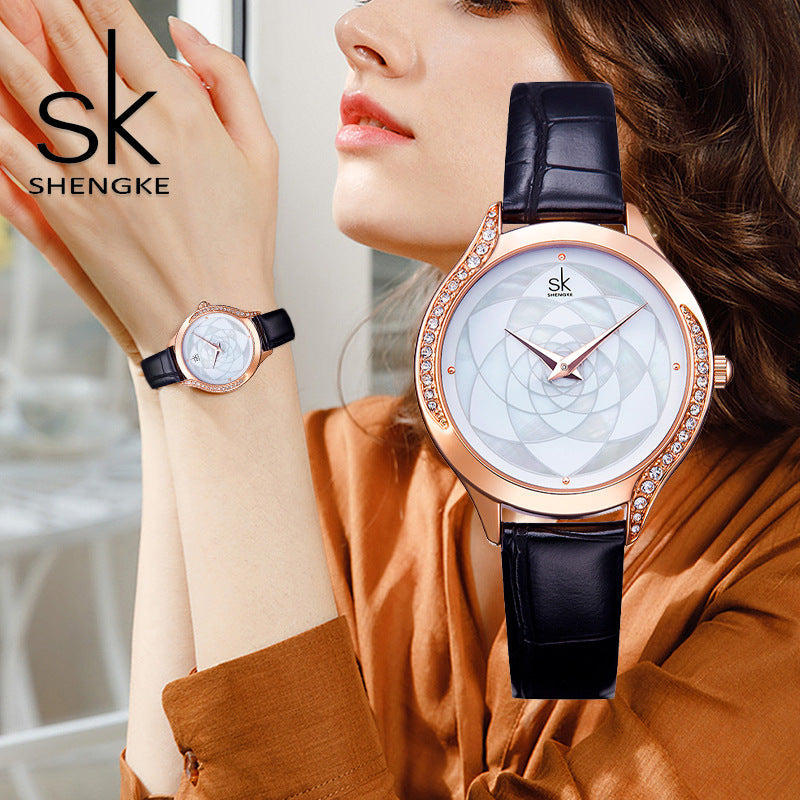 SK Women’s Diamond Quartz Watch – Luxury Leather Strap, 30M Waterproof, Fashion Design