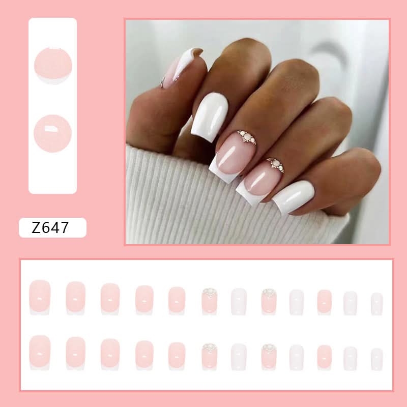 Medium-Length Square Milky White French Manicure – Flash Diamond Style False Nails