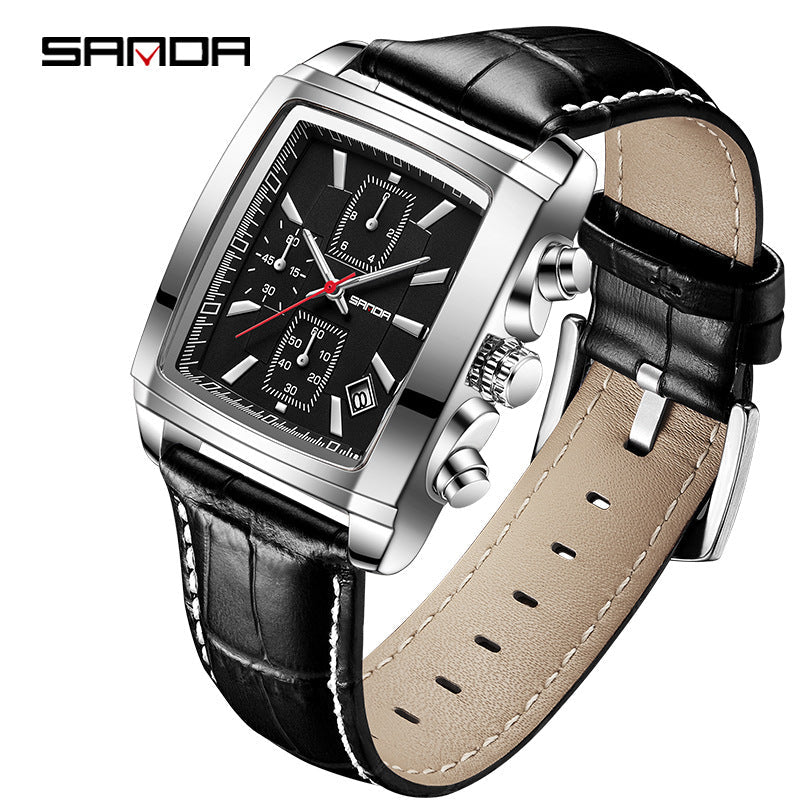 SANDA Men’s Quartz Square Watch – Leather Strap Business Watch with Calendar, Waterproof