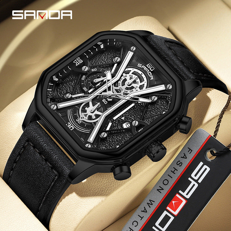 SANDA Men's Retro Square Quartz Watch – Waterproof Luminous Calendar Leather Strap