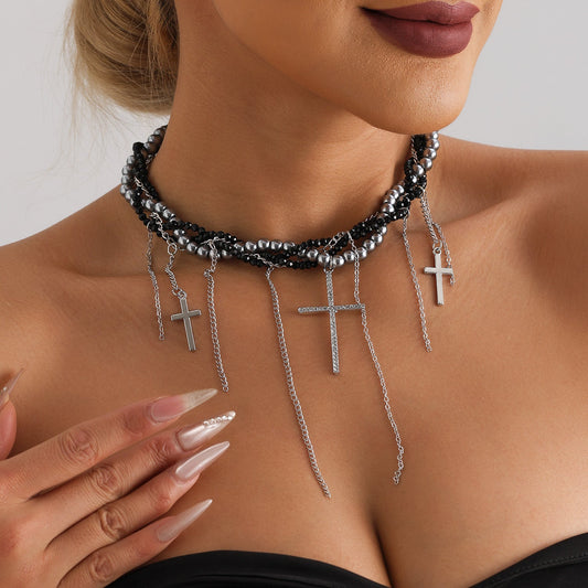 Layered Cross Pendant Necklace – Black Beaded Tassel Clavicle Chain for Women