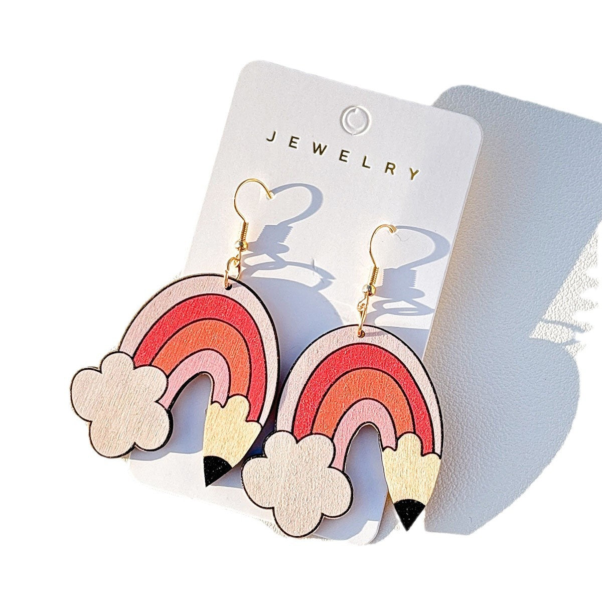 Rainbow Wooden Hook Earrings for Women – Fun Cartoon Statement Jewelry