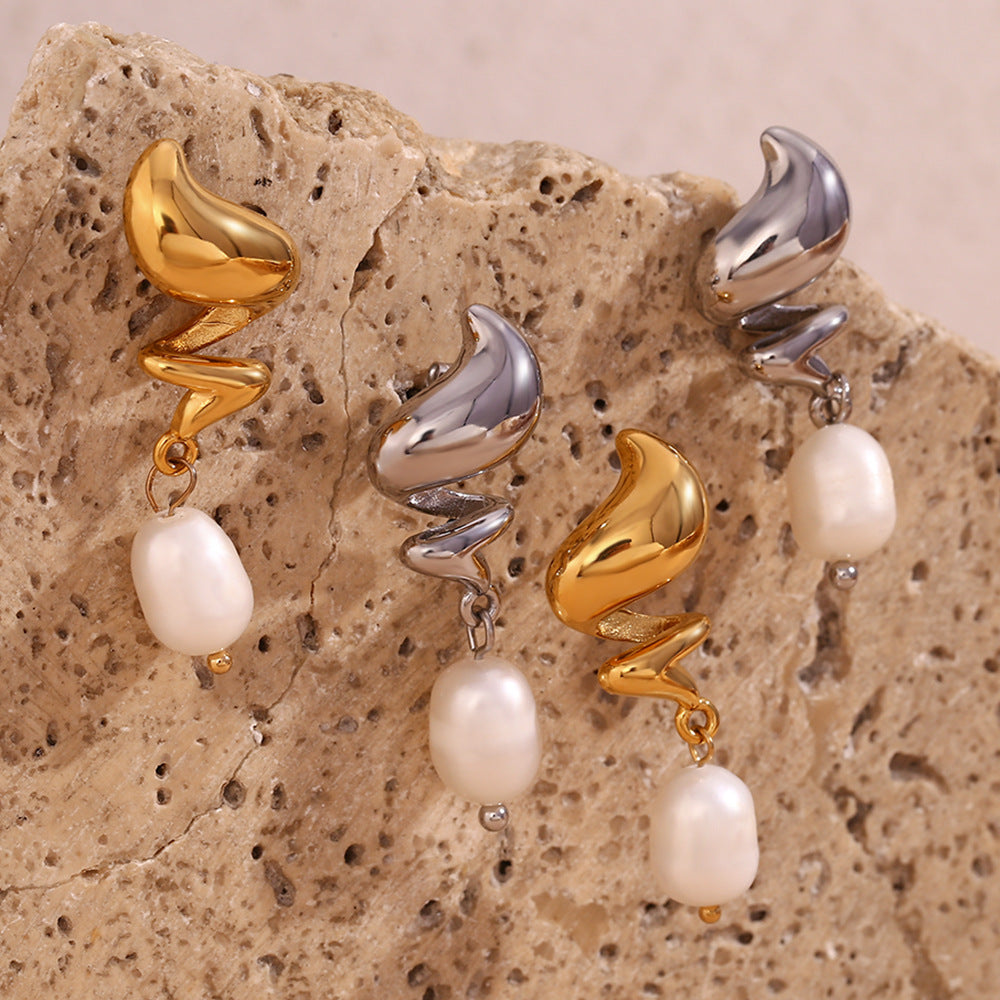 Spiral Flame Freshwater Pearl Earrings – Gold Plated Geometric Jewelry