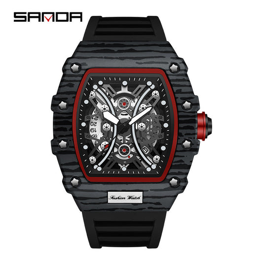 SANDA Men’s Quartz Watch – Luminous Calendar, Hollow Tonneau Dial, Casual Waterproof