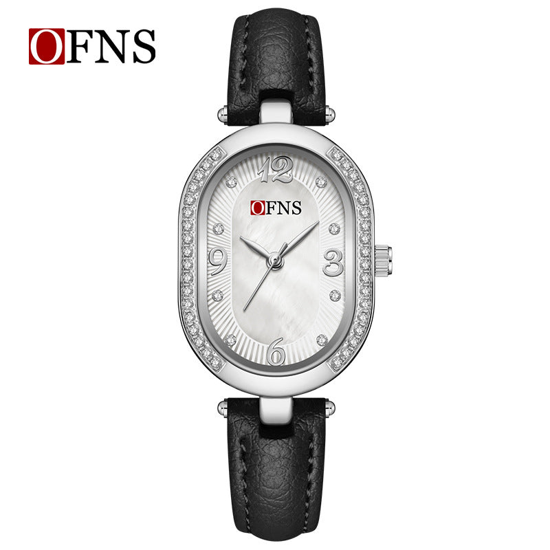 OFNS Diamond Oval Quartz Watch – Waterproof Watch for Women with Leather Strap