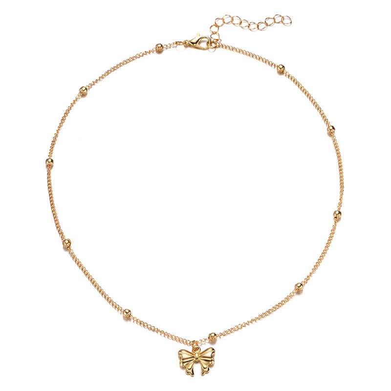 Golden Alloy Bow Pendant Necklace for Women - Fashion Jewelry